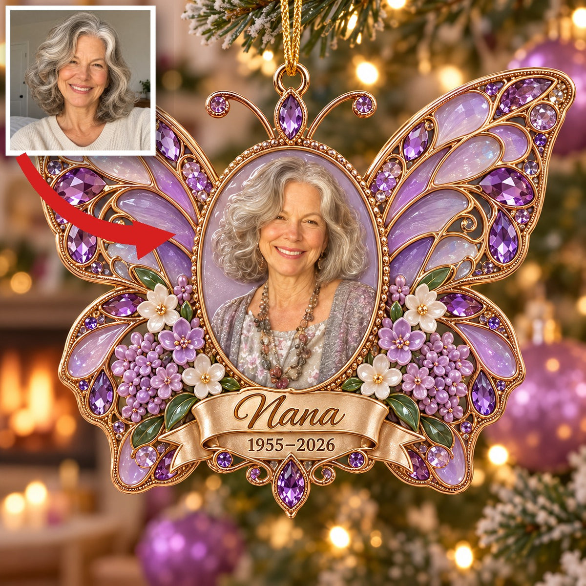 Personalized Custom Photo Purple Butterfly Memorial Christmas Ornament - In Memory of Grandma