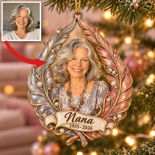 Personalisierte Foto-Feder-Gedenk-Christbaumkugel - In Erinnerung an Oma