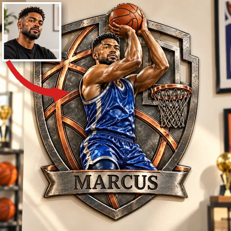Panneau en métal découpé personnalisé photo de basket 3D - Cadeau pour jeunes hommes