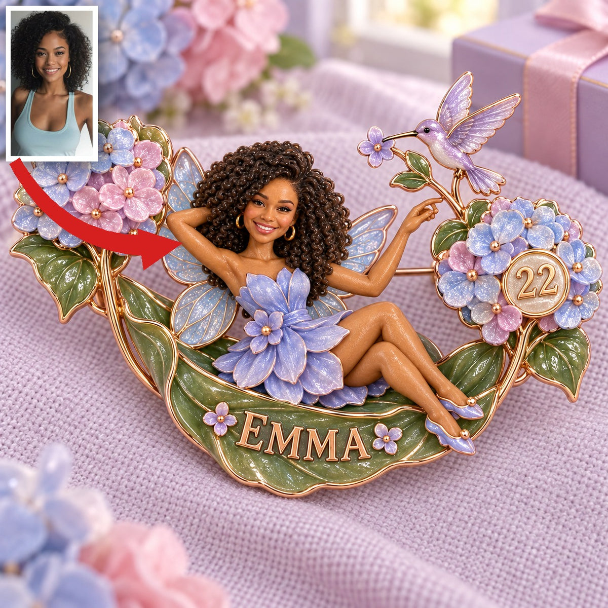 Personalisierte Hortensie Hängematte Traumfee Brosche - Geburtstagsgeschenk mit Foto, Name und Alter