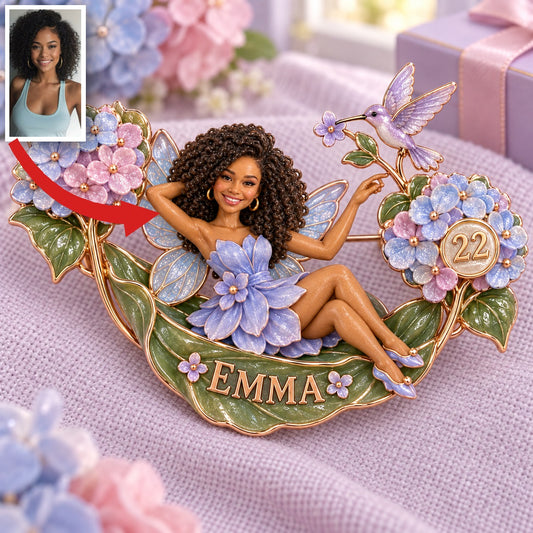 Broche Fée Rêve Hamac Hortensia Personnalisée - Cadeau d'Anniversaire avec Photo, Nom et Âge Personnalisés