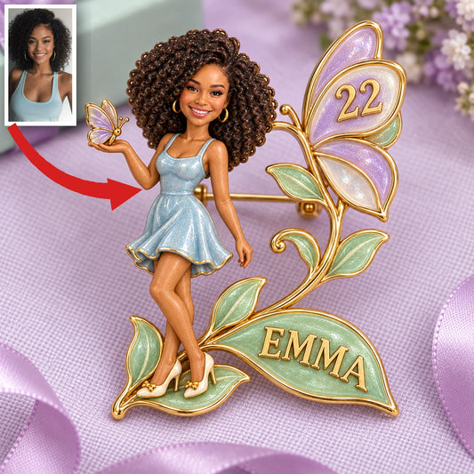 Broche Papillon d'Anniversaire Personnalisée - Portrait Sculpté, Nom et Âge