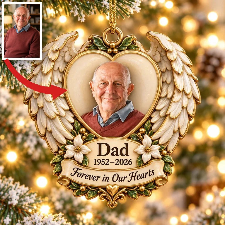 Personalized Custom Photo Dad Memorial Angel Wings Heart 3D Ornament - Christmas Remembrance Keepsake