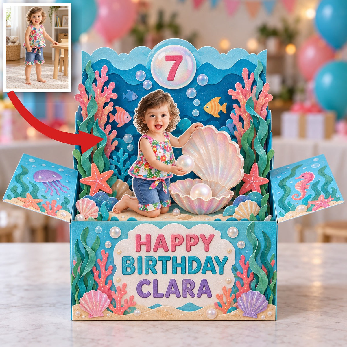 Carte Pop-Up Personnalisée Sous-Marine - Cadeau d'Anniversaire Coquillage et Perle avec Photo, Nom et Âge Personnalisés