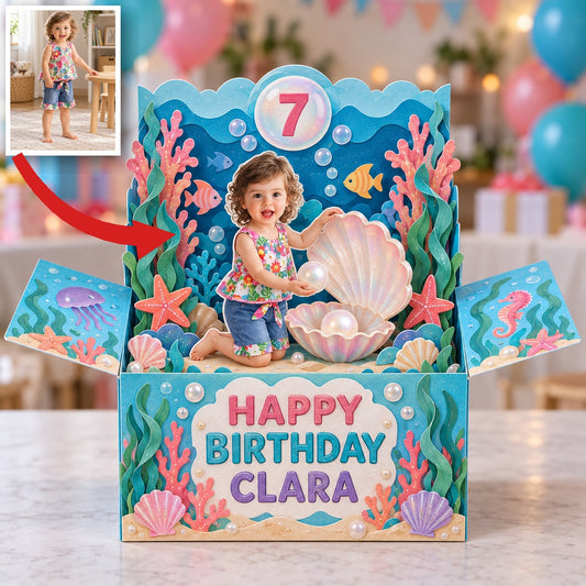 Carte Pop-Up Personnalisée Sous-Marine - Cadeau d'Anniversaire Coquillage et Perle avec Photo, Nom et Âge Personnalisés