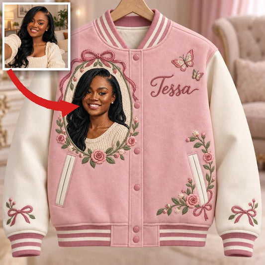Veste Varsity Personnalisée Rose avec Portrait et Nom - Femme