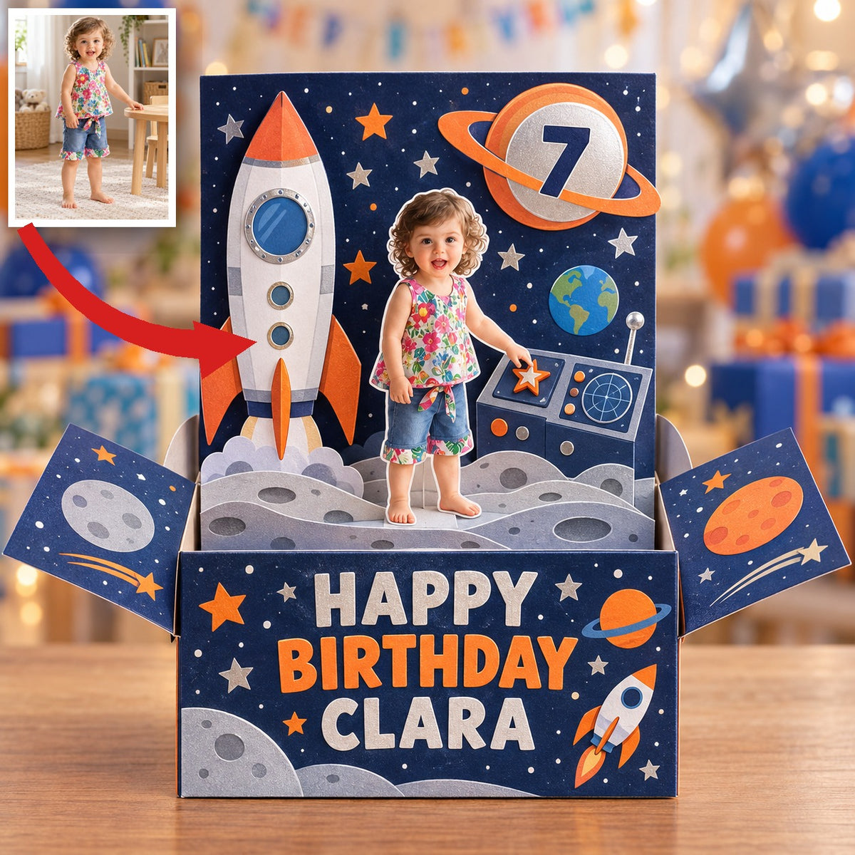 Carte Pop-Up Personnalisée Fusée Spatiale - Cadeau d'Anniversaire avec Photo, Nom et Âge Personnalisés