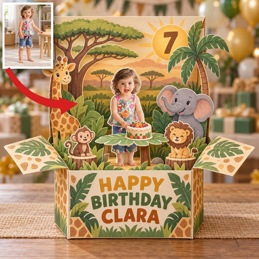 Carte Pop Up d'Anniversaire Safari Personnalisée - Photo, Nom et Âge