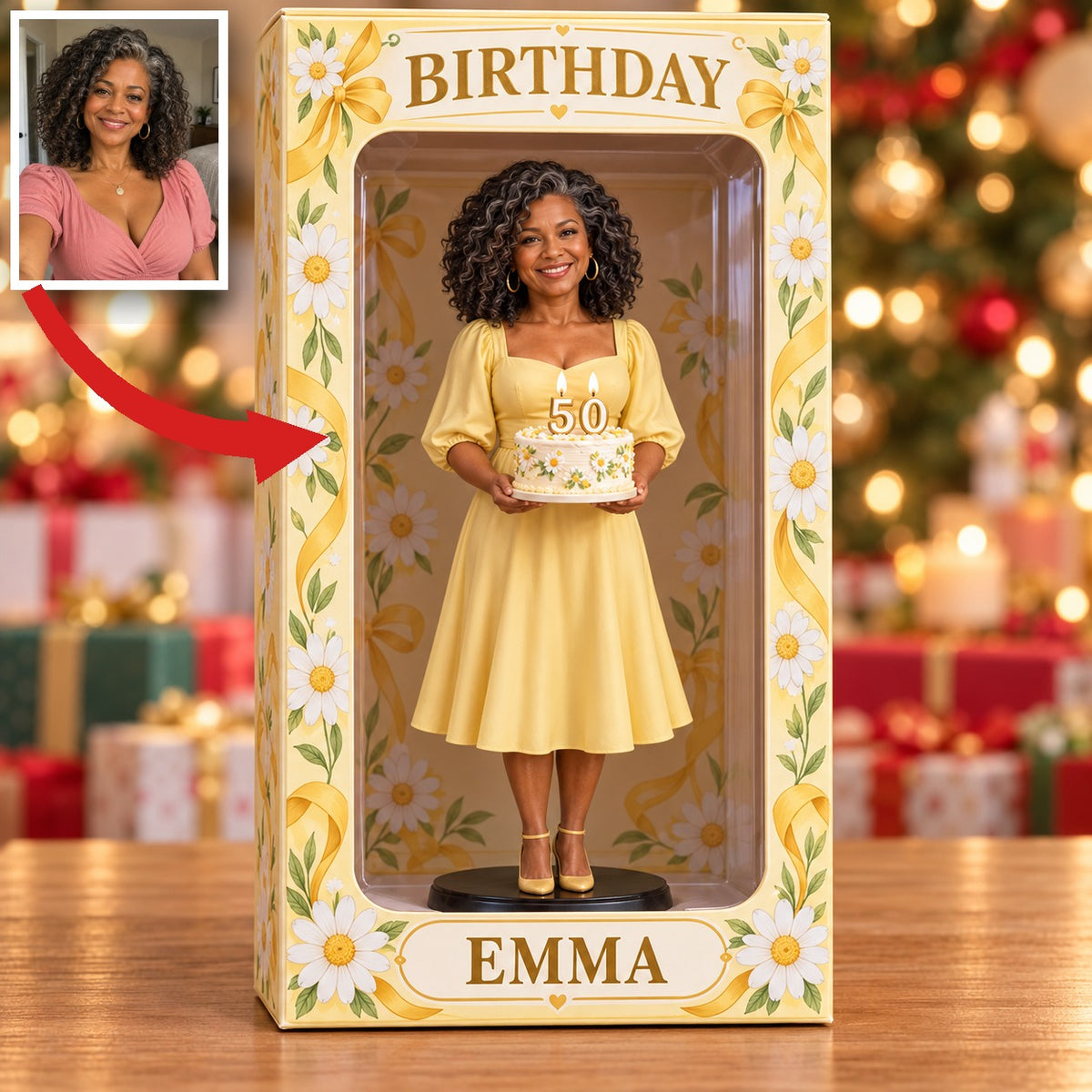 Personalisierte Foto-Gänseblümchen-Figurinen-Display-Box - 50. Geburtstagsgeschenk für Frauen