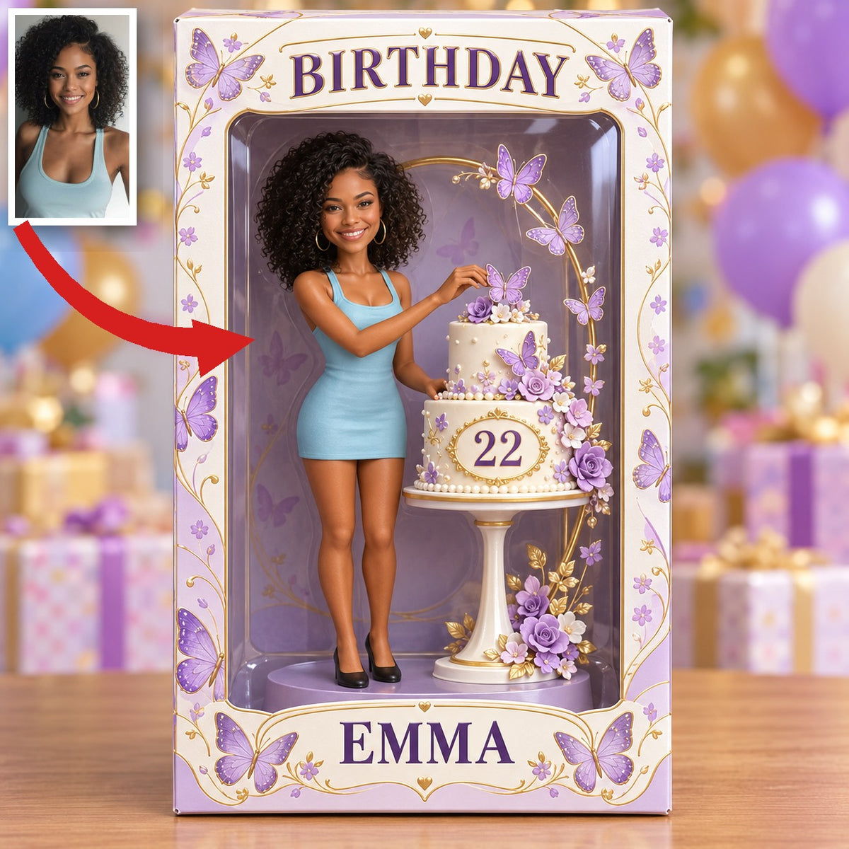 Boîte d'Affichage d'Anniversaire Personnalisée - Figurine Portrait avec Gâteau Papillon, Nom et Âge