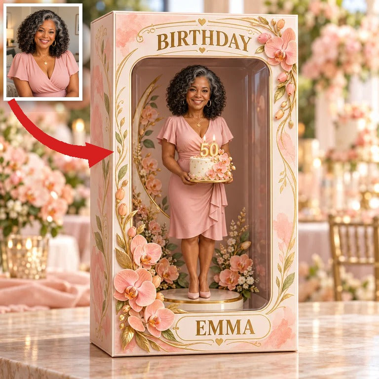 Figurine Personnalisée en Photo Pêche Orchidée dans Boîte Acrylique - Cadeau d'Anniversaire pour Femmes