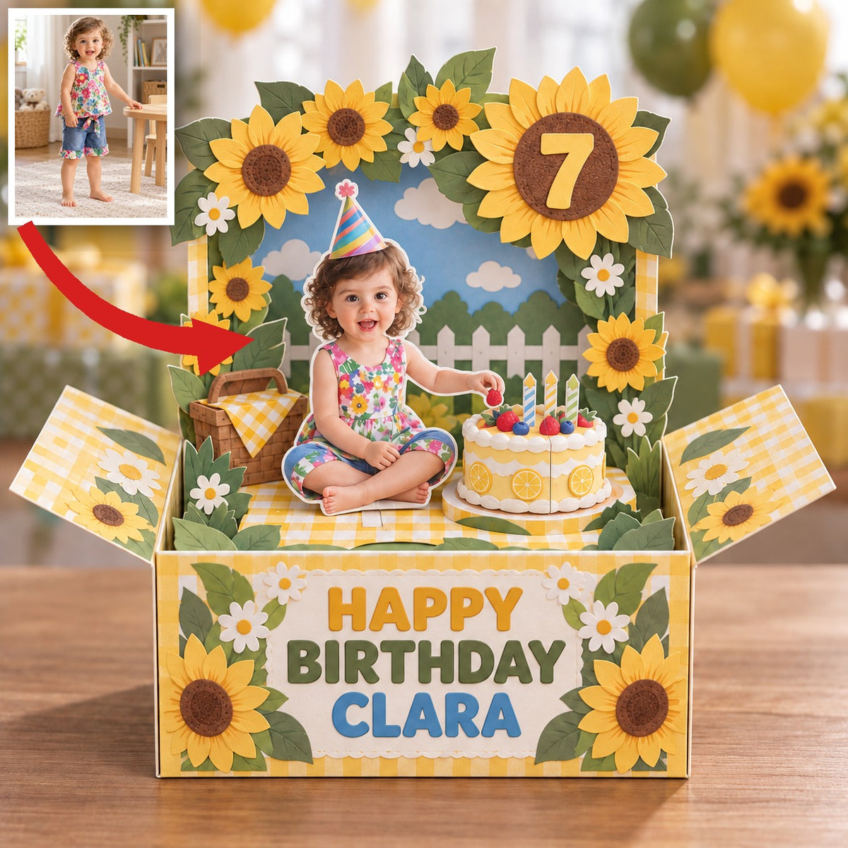 Carte Pop-Up Personnalisée Tournesol - Gâteau d'Anniversaire avec Photo, Nom et Âge