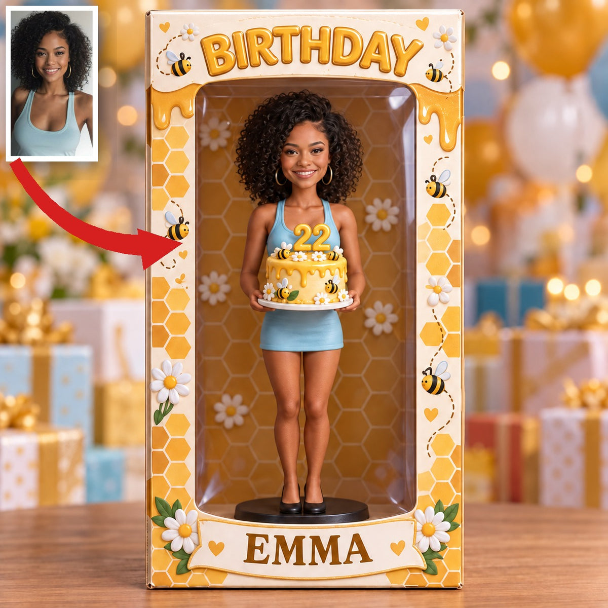 Boîte d'Affichage d'Anniversaire Personnalisée - Figurine Portrait, Gâteau Abeille, Nom et Âge