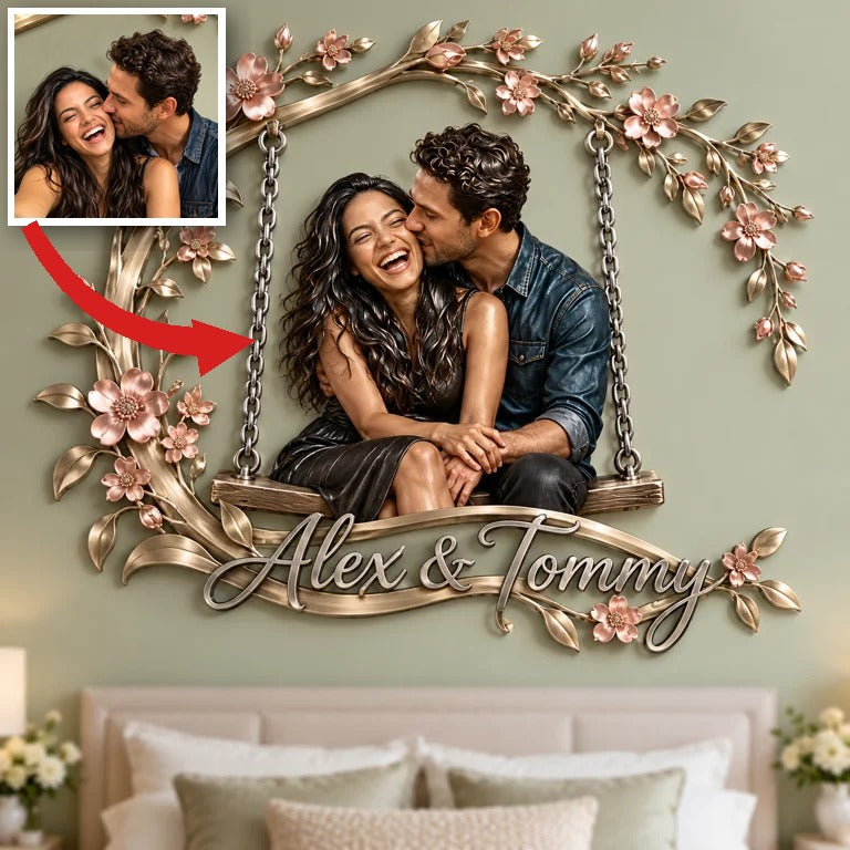 Art mural en métal 3D personnalisé avec photo florale - Cadeau pour couples