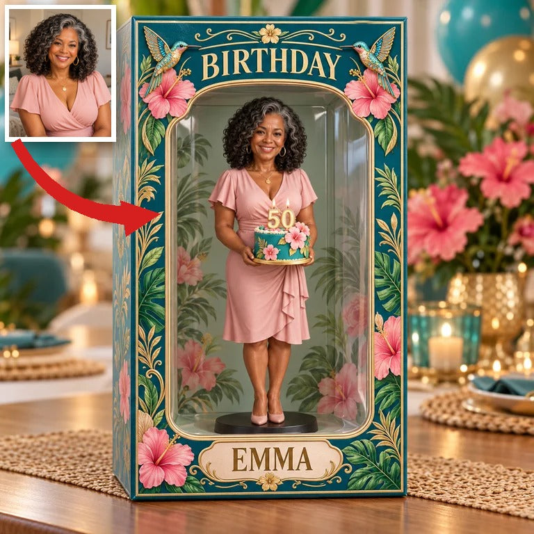 Personalized Custom Photo Tropical Hibiscus Figurine in Acrylic Display Box - 50th Birthday Gift for Women