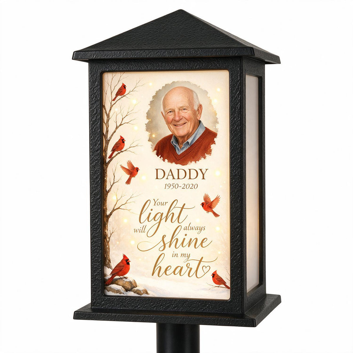 Your Light Will Always Shine in My Heart Cardinal Memorial - Personalized Solar Garden Light - Heartfelt Sympathy Gift for Loved Ones