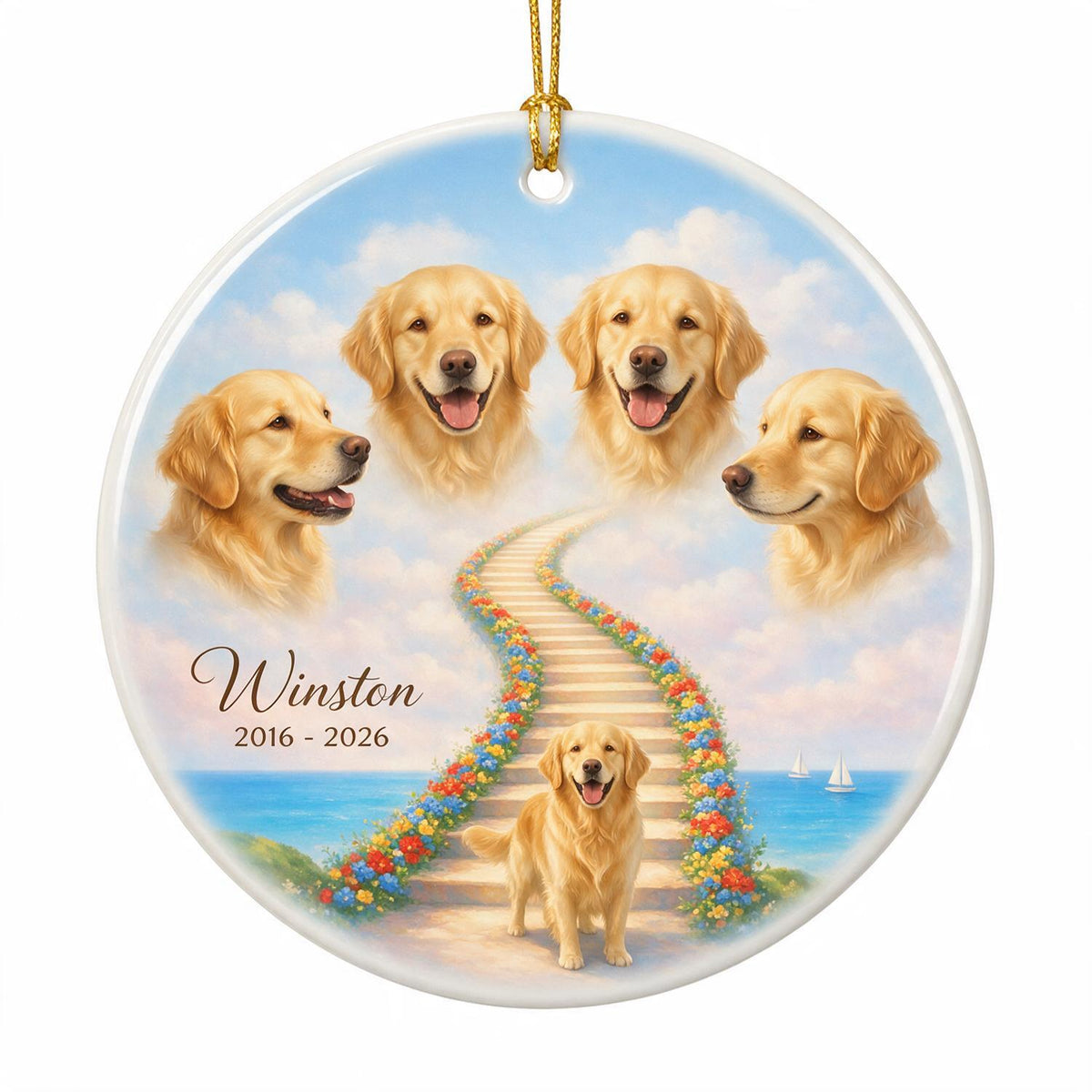 Tiergedenken Treppe zum Himmel - Personalisierte Keramikornament - Individuelles Tierfoto, Tierverlustgeschenk, Mitgefühlsgeschenk