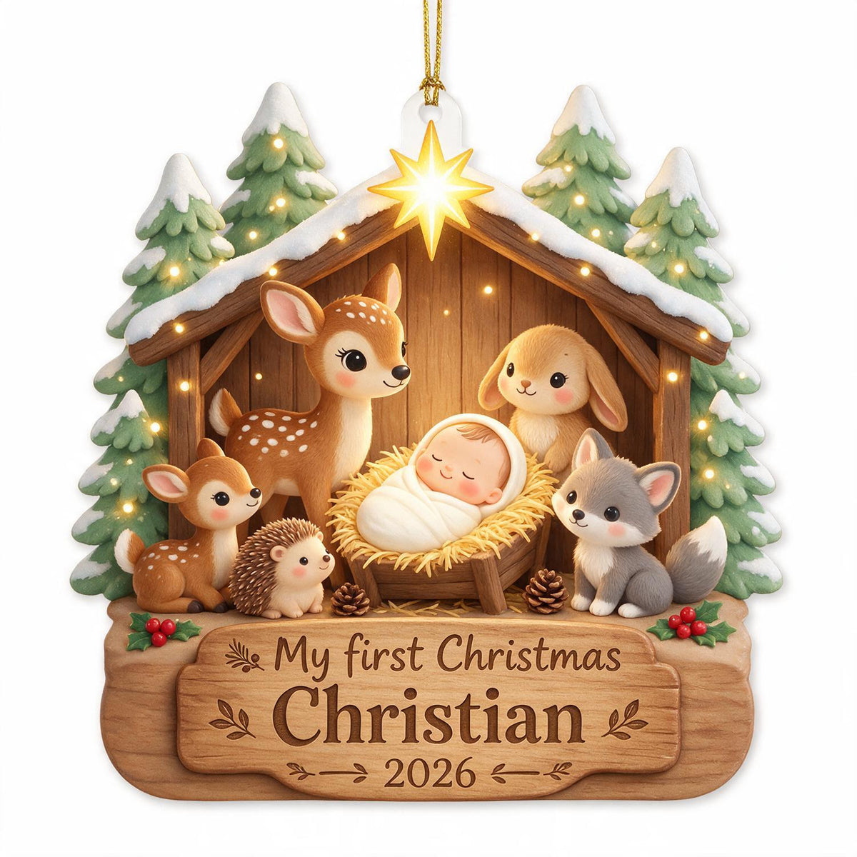 Personalized Christmas My First Christmas Woodland Animals Nativity Acrylic Ornament Baby Keepsake Gift