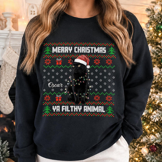 Personalized Christmas Black Cat Ugly Sweatshirt, Cat Lover Holiday Gift