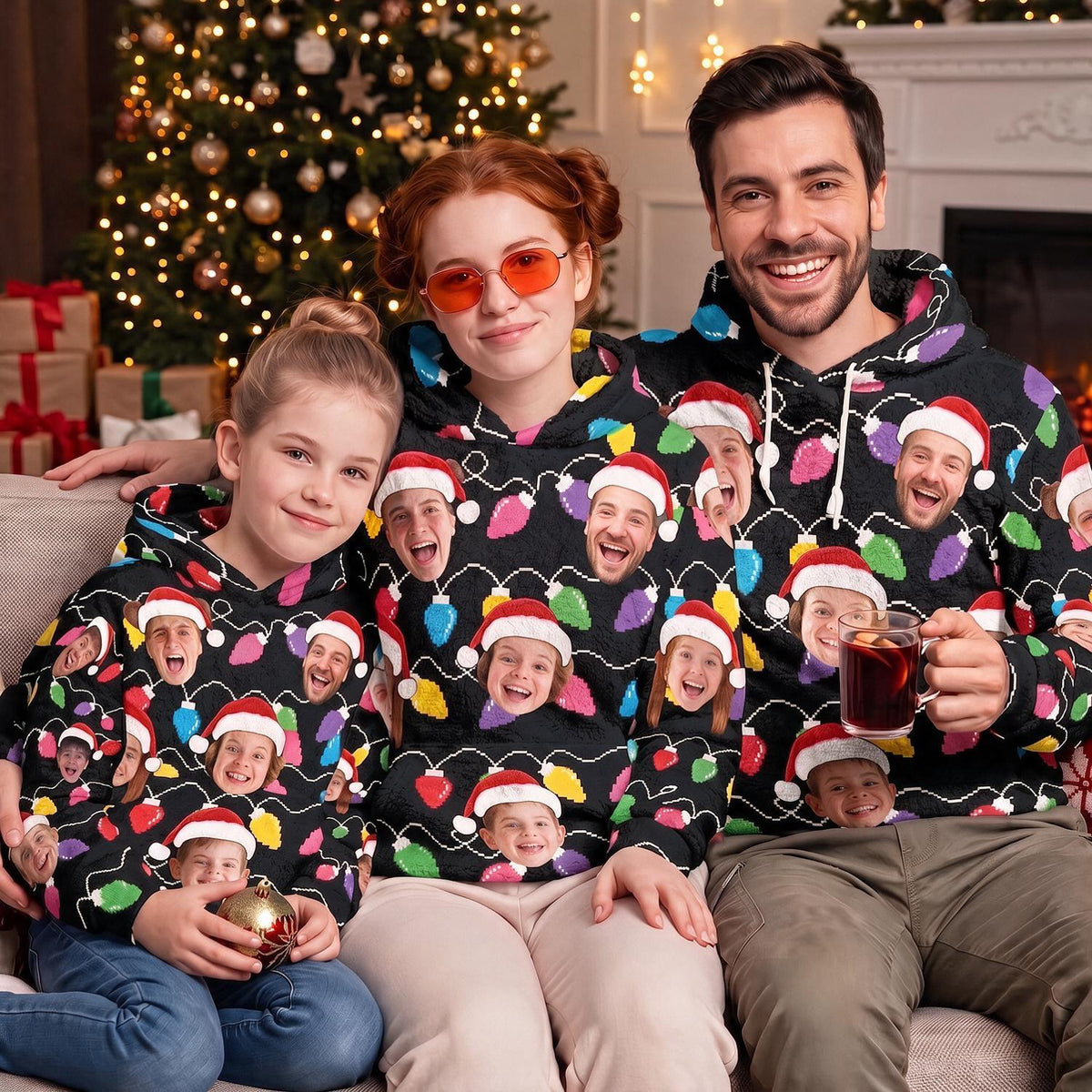 Personalisierter Foto-Weihnachtsfamilien-Gesichtsdruck Fleece-Hoodie, Lustiges Xmas-Partygift