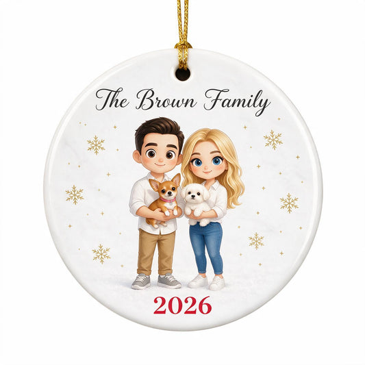 Personalisierte Weihnachtsfamilien- & Haustier-Cartoon-Porträt-Keramikornament