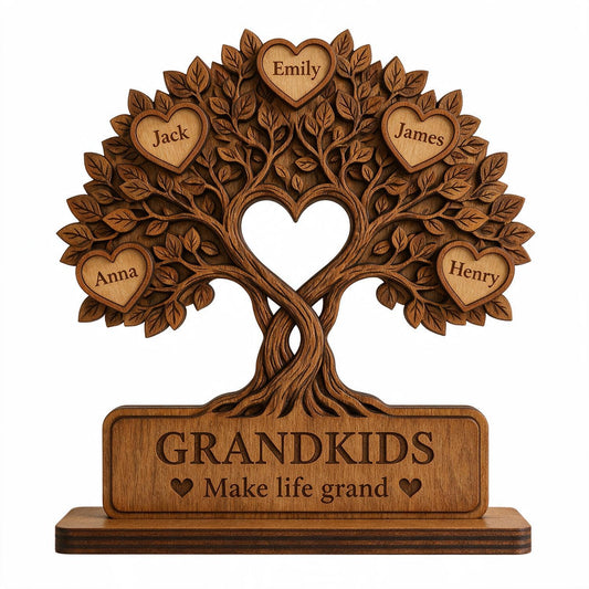 Plaque en Bois en Forme de Cœur Arbre de Famille Personnalisée - Cadeau Souvenir pour Grands-Parents