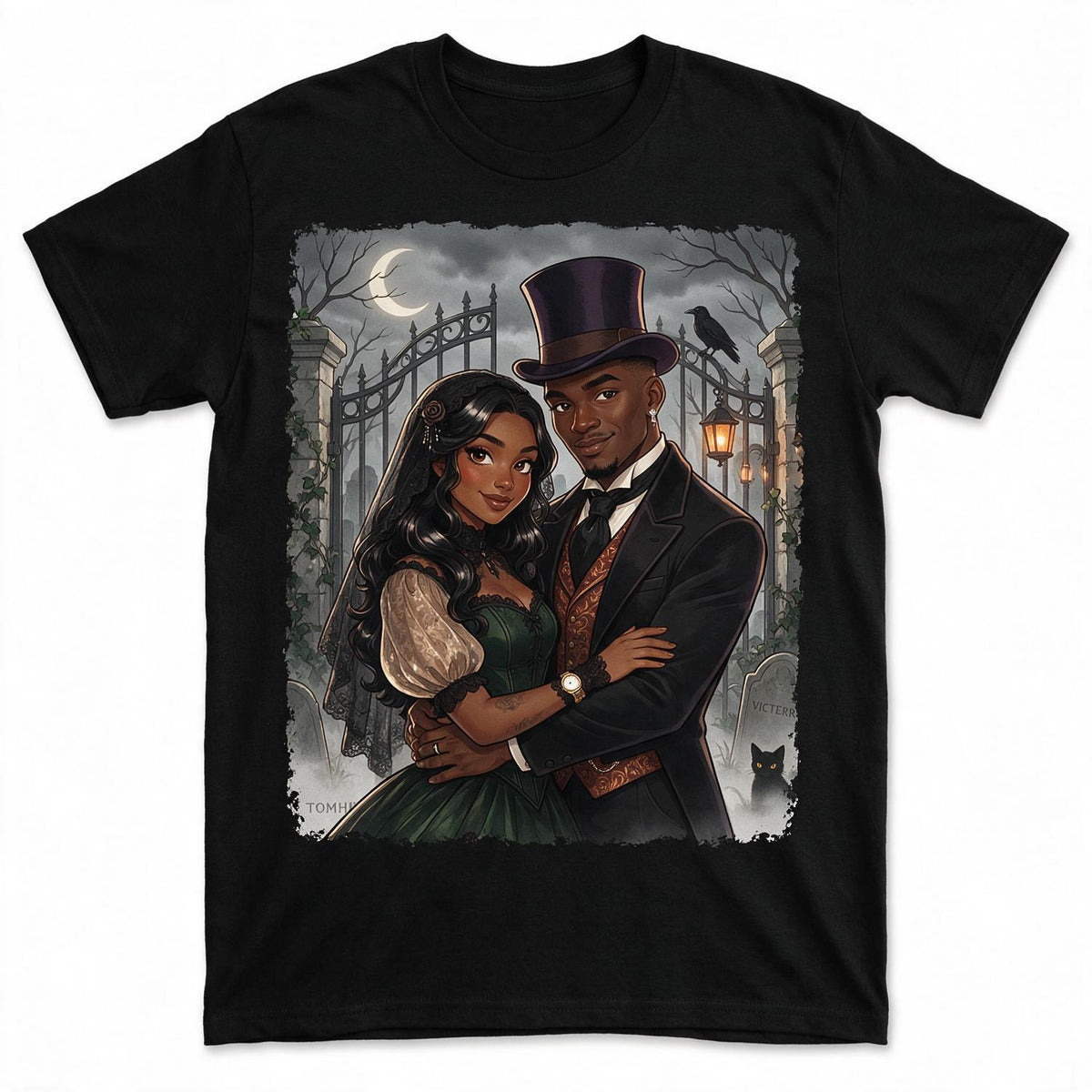T-shirt Portrait Couple Gothique Personnalisé pour Halloween, Cadeau d'Anniversaire