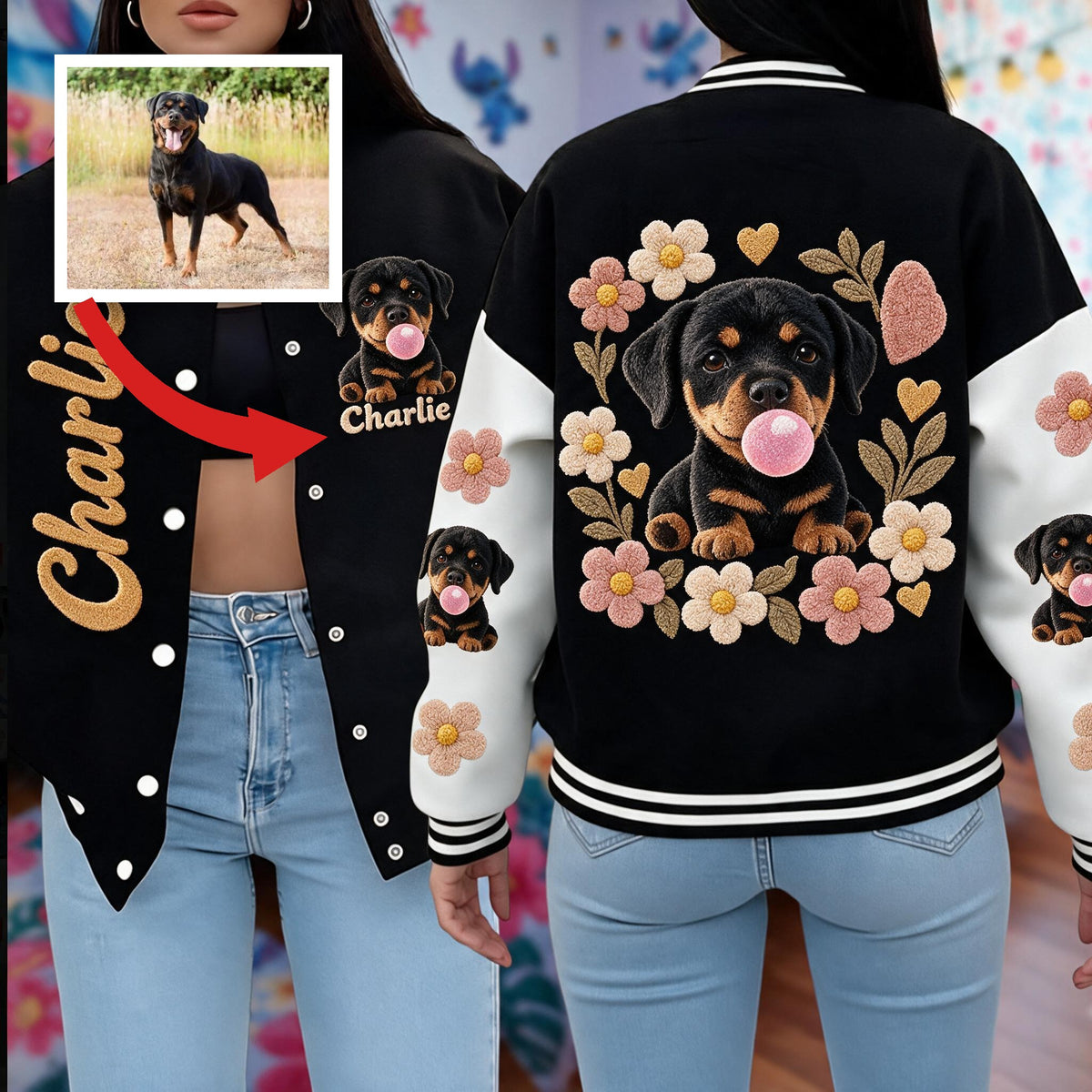 Personalized Black and Tan Rottweiler Puppy Varsity Jacket Dog Lover Gift