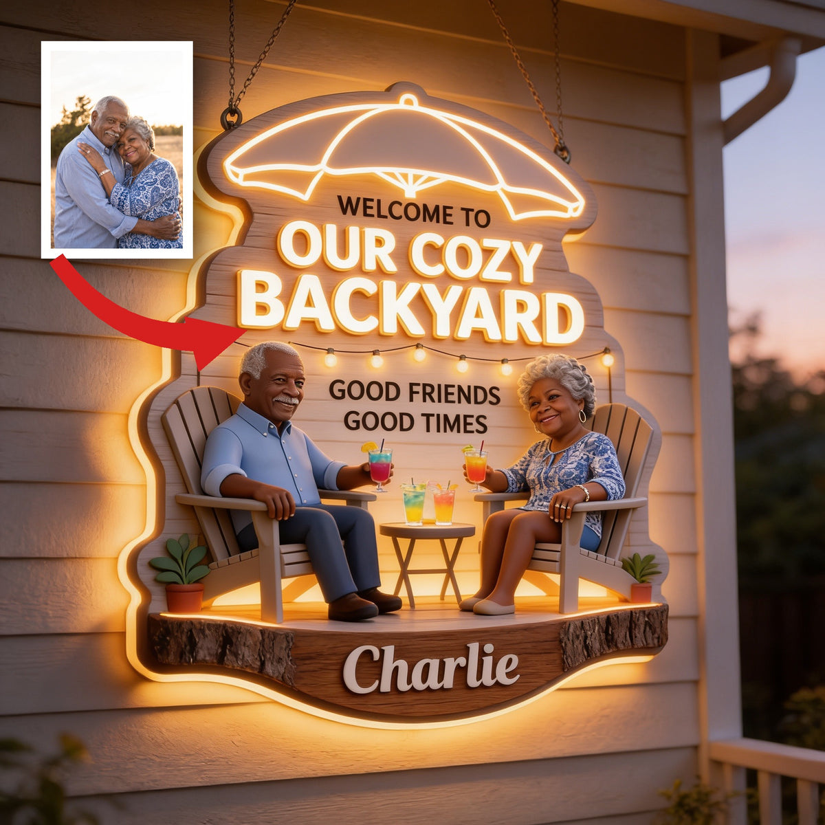 Personalized Older Black Couple Backyard LED Acrylic Sign Patio Decor