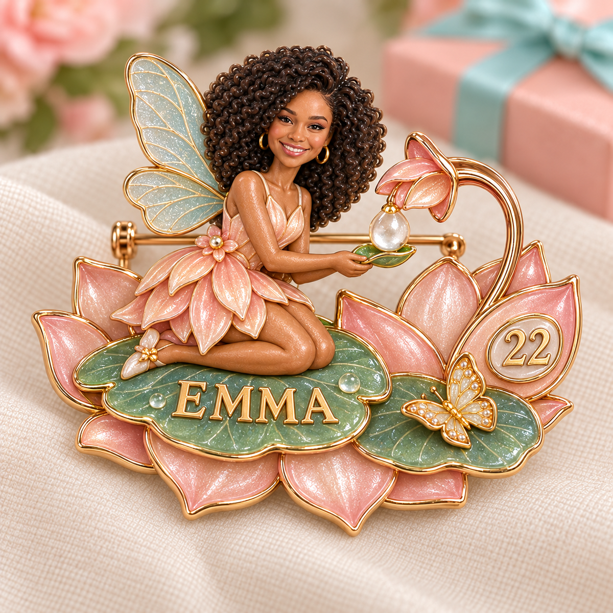 Personalized Lotus-Dew Wish Fairy Brooch - Birthday Gift with Custom Photo, Name and Age