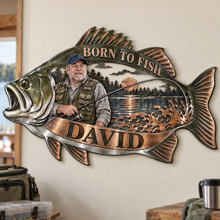 Art mural en métal de pêche personnalisé - Portrait et nom sur mesure, décoration murale de pêcheur