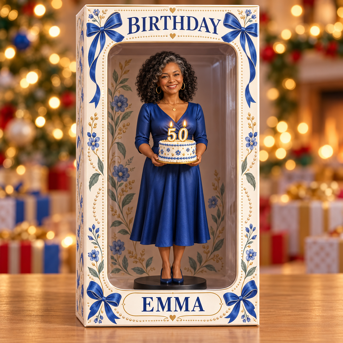 Personalized Custom Photo Blue Ribbon Figurine Display Box - 50th Birthday Gift for Women