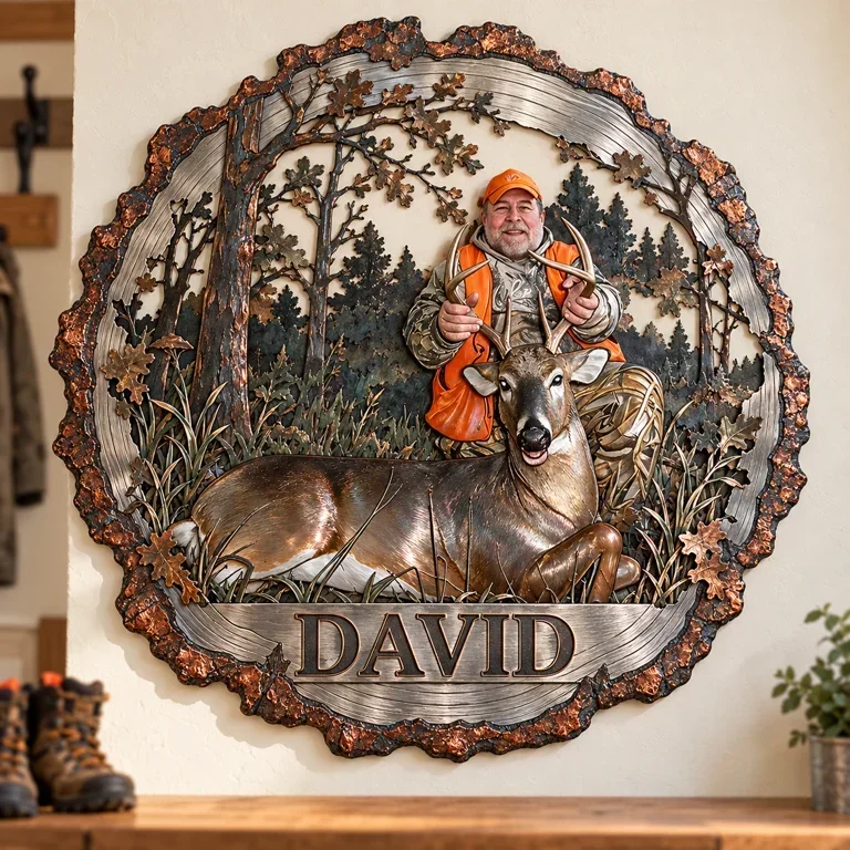 Personalized Custom Photo Deer Hunting 3D Metal Wall Art - Rustic Tree Border Gift for Older Men