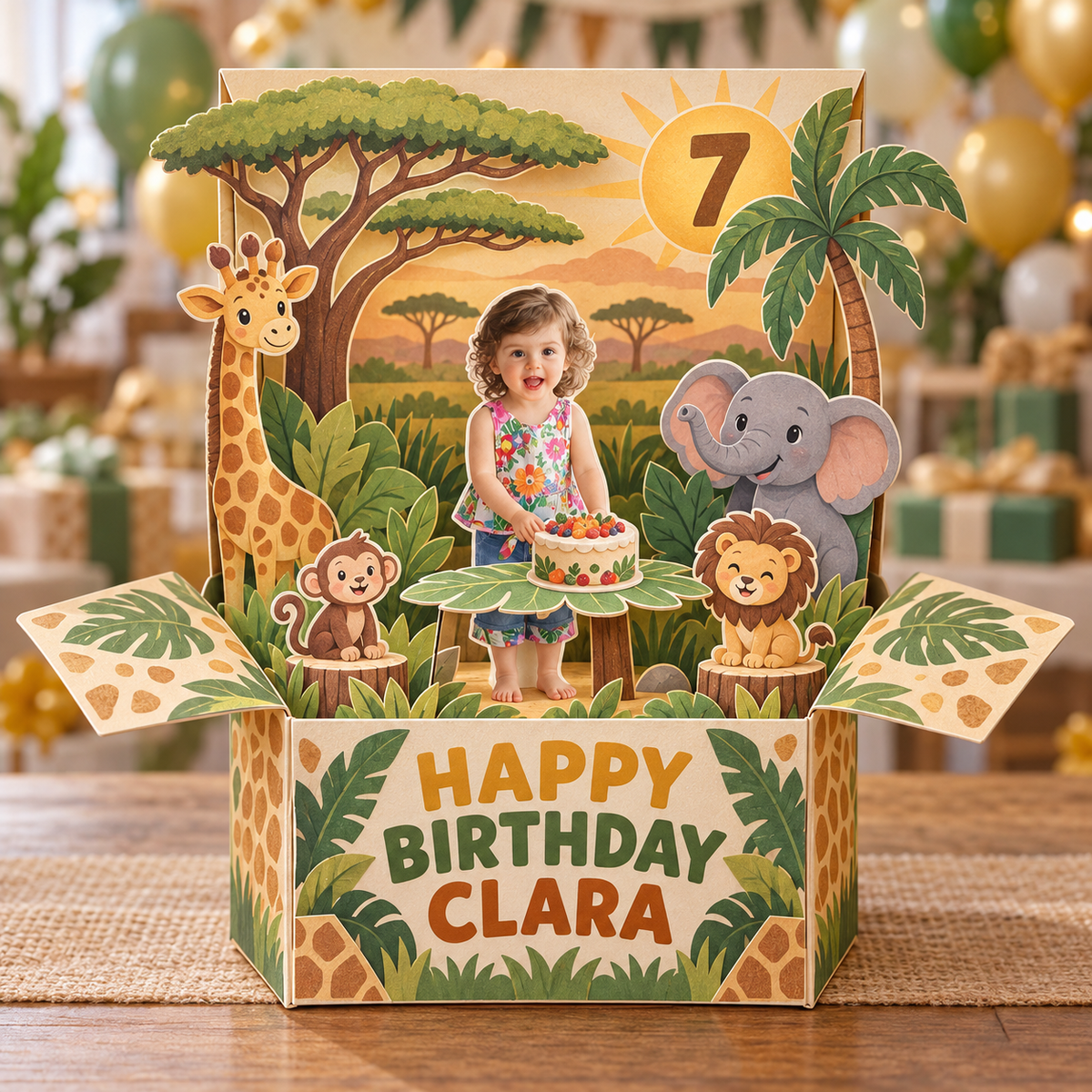 Carte Pop Up d'Anniversaire Safari Personnalisée - Photo, Nom et Âge