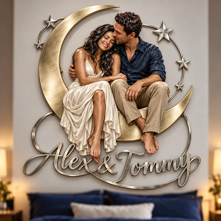 Art mural en métal 3D personnalisé photo lune et étoiles - Cadeau déco chambre pour jeunes couples