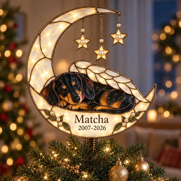 Personalisierter Hundegedenk-Crescent-Moon-Weihnachtsbaumspitze