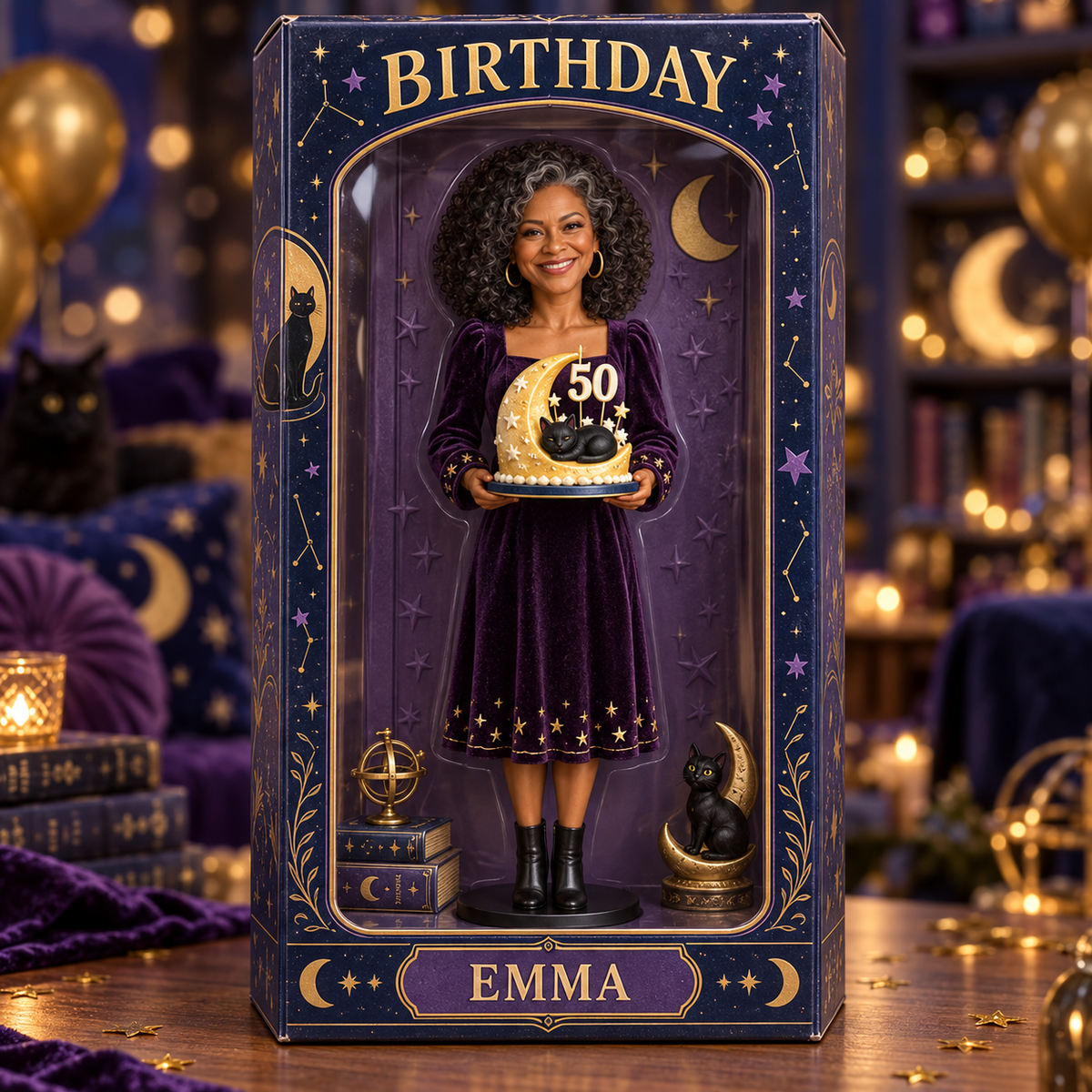 Personalized Witch Acrylic Display Box - Celestial Black Cat Birthday Figurine Gift
