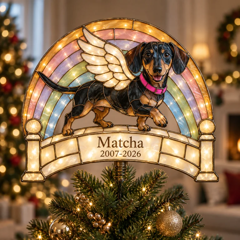 Personalisierter Hundegedenk-Rainbow Bridge Weihnachtsbaumspitze
