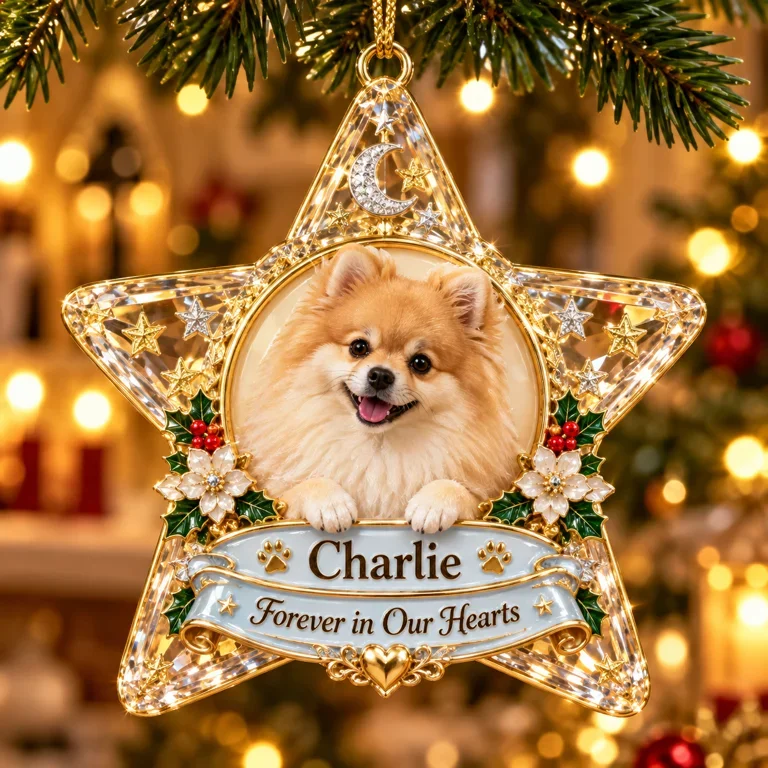 Personalized Custom Photo Pomeranian Memorial 3D Star Ornament - Christmas Dog Lover Gift