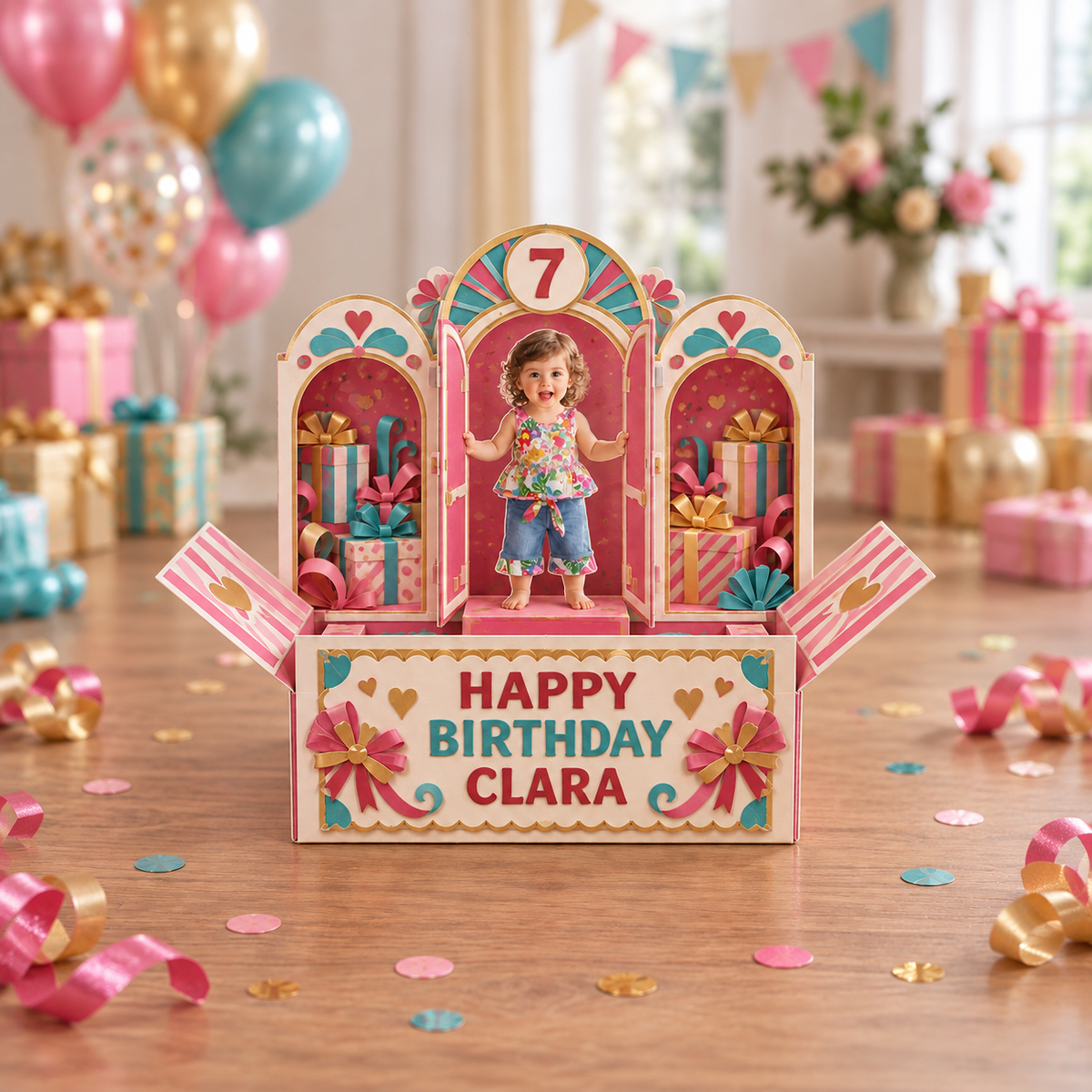 Carte Pop Up d'Anniversaire Personnalisée - Fenêtres Arrondies avec Photo, Nom et Âge Personnalisés