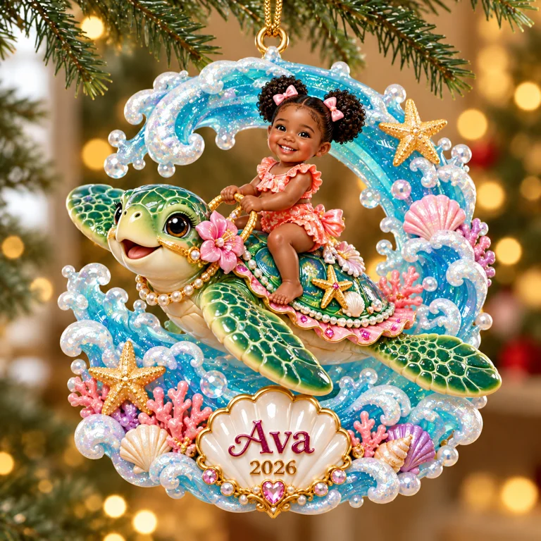 Personalized Custom Photo Sea Turtle 3D Ornament - 2026 Christmas Gift for Little Girls