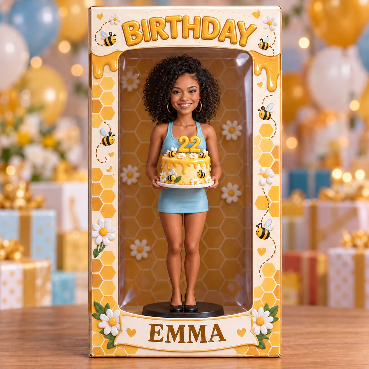 Boîte d'Affichage d'Anniversaire Personnalisée - Figurine Portrait, Gâteau Abeille, Nom et Âge