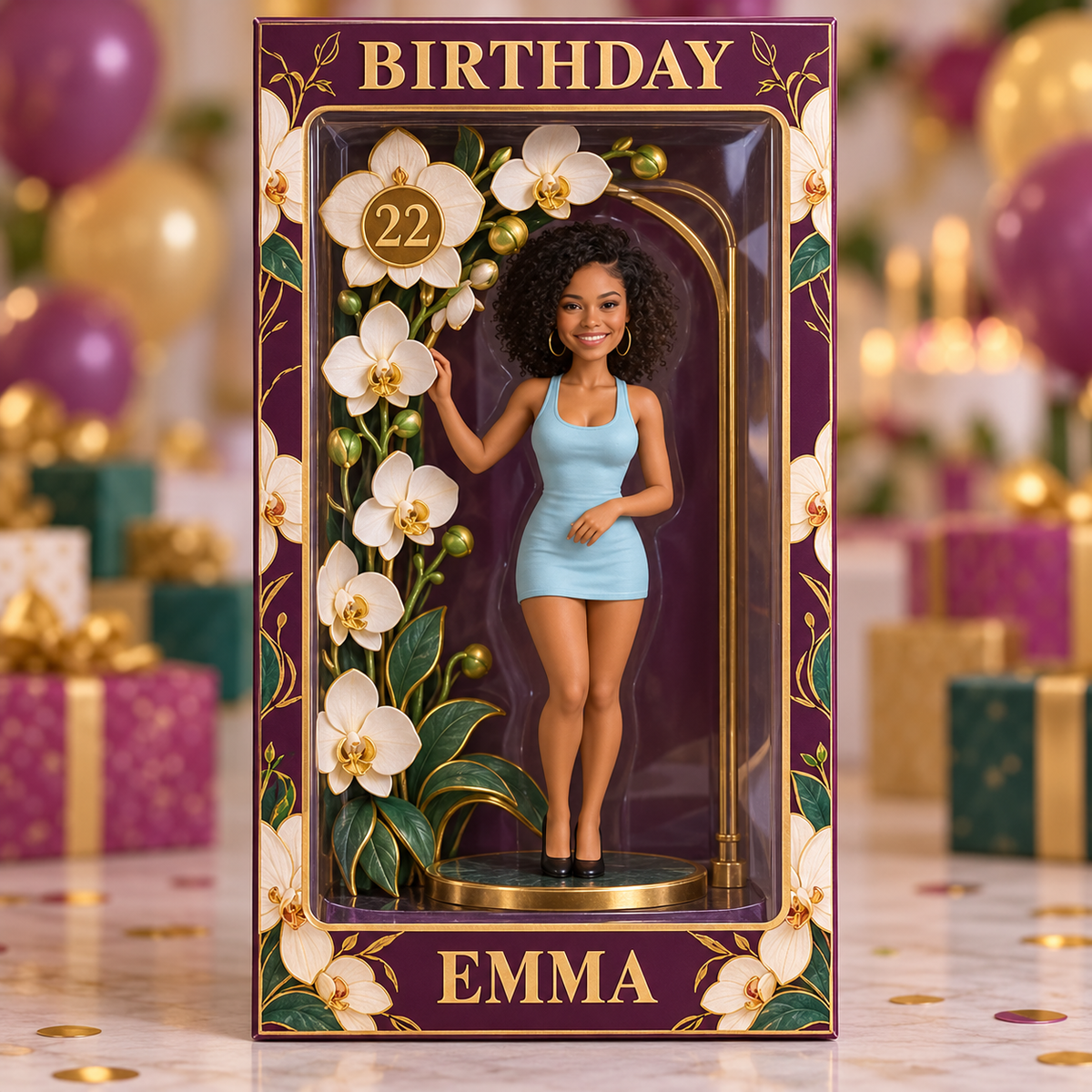 Boîte d'Affichage d'Orchidée Personnalisée pour Anniversaire - Figurine Portrait Photo avec Nom et Âge