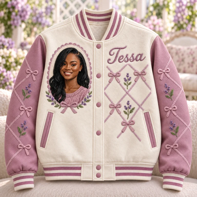 Veste Varsity d'Anniversaire Personnalisée - Portrait en Nœud et Nom