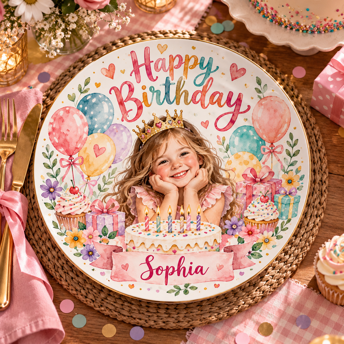 Personalized Colorful Birthday Ceramic Plate - Watercolor Portrait, Custom Name and Age