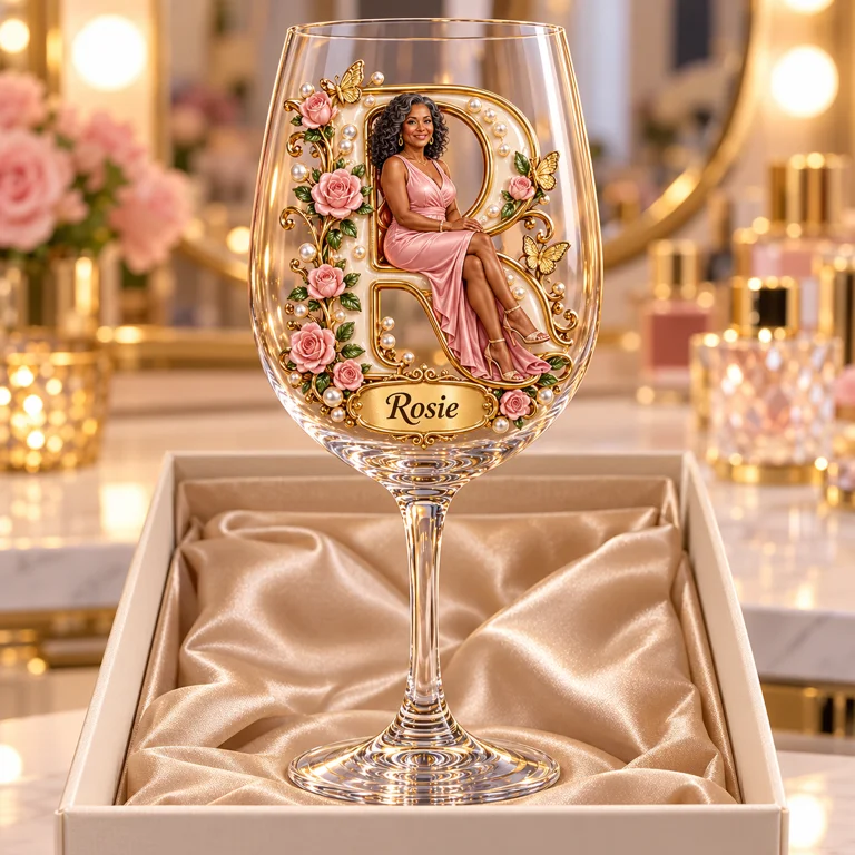 Personalized Custom Photo Rose and Butterfly Wine Glass - Gift for Older Women