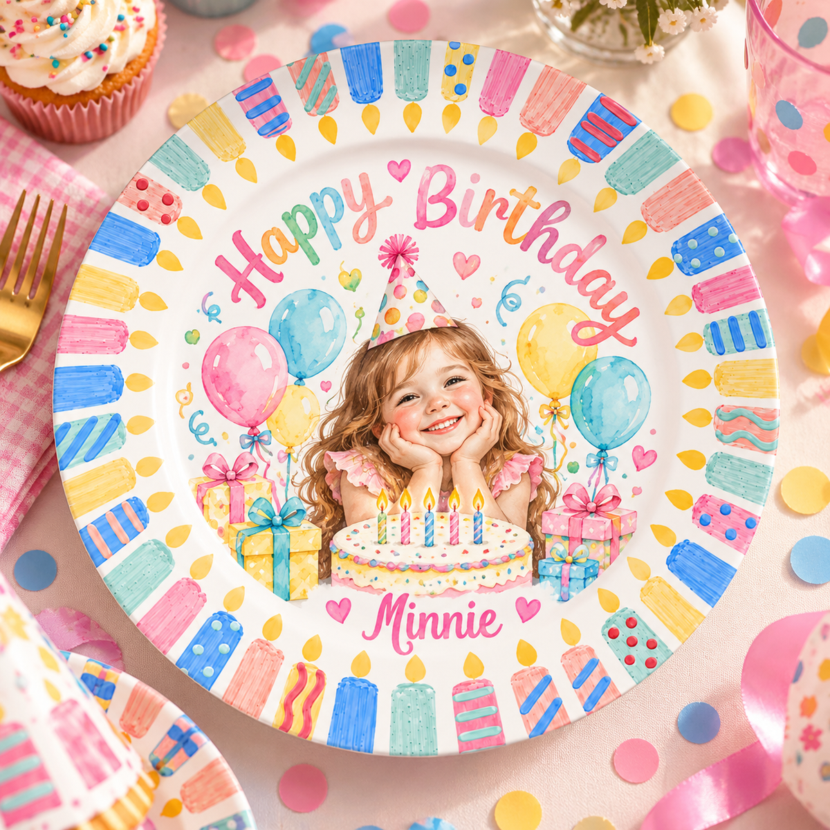 Personalized Birthday Ceramic Round Plate - Watercolor Portrait Gift