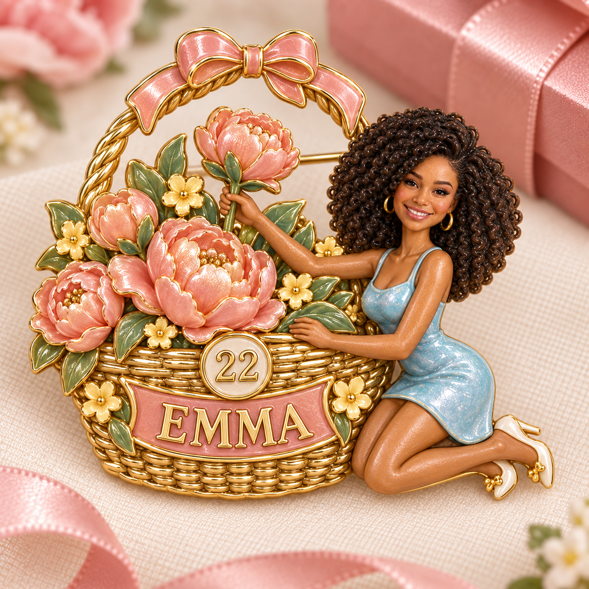 Personalized Birthday Flower Basket Brooch - Sculpted Portrait, Name and Age