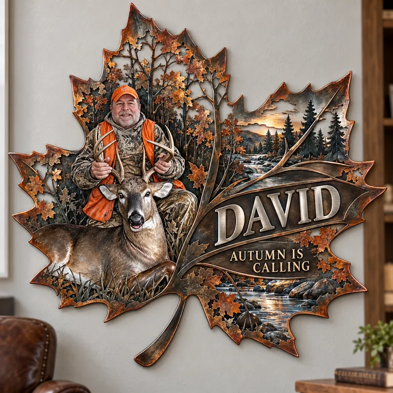 Personalisierte Jagd Metall-Schild - Herbst-Ahornblatt Wandkunst mit Foto, Name und Text
