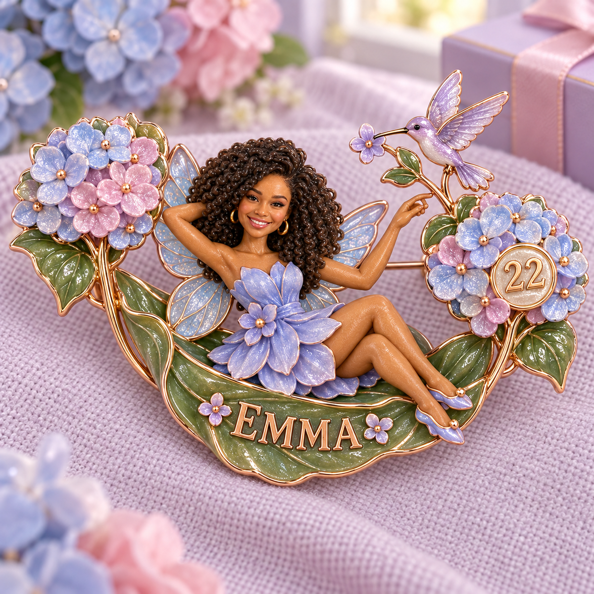 Personalisierte Hortensie Hängematte Traumfee Brosche - Geburtstagsgeschenk mit Foto, Name und Alter